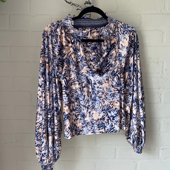 Free People shirt go get em velvet velour tan & blue xs smocked soft boho - Picture 2 of 8